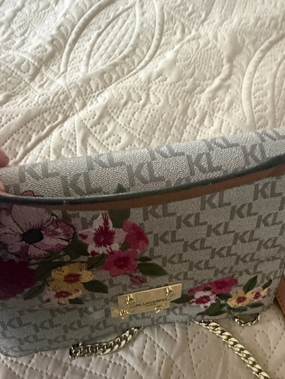 Karl Lagerfeld Gray Logo Floral Embroidered Crossbody Bag with Gold Hardware - Picture 4 of 9